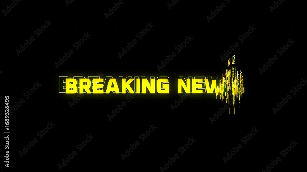 Poster breaking news text animation with glitch effect and technological screen failures. spectacular inter