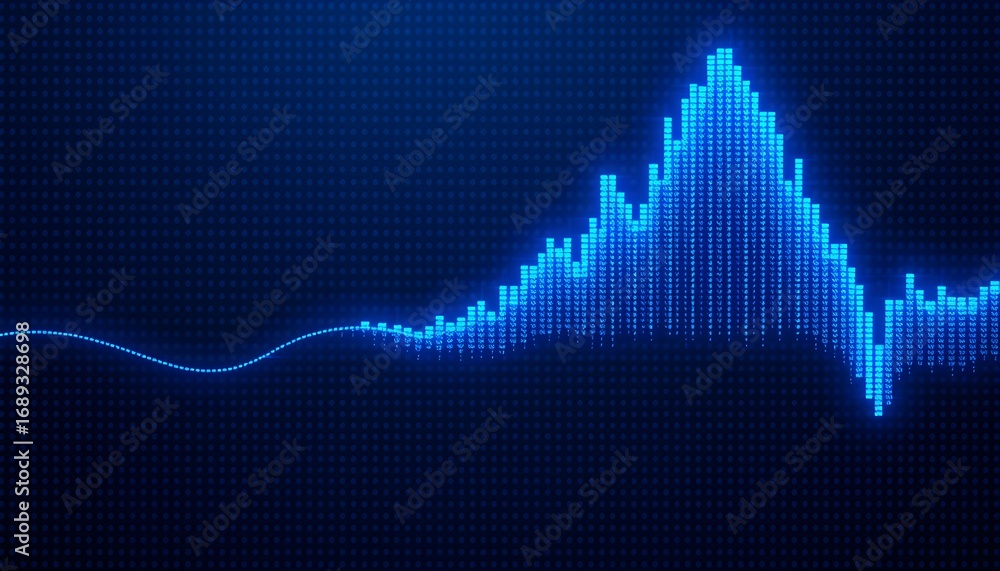 Poster Abstract futuristic background with a glowing blue digital waveform representing data, finance, or audio signal fluctuations on a dark grid.
