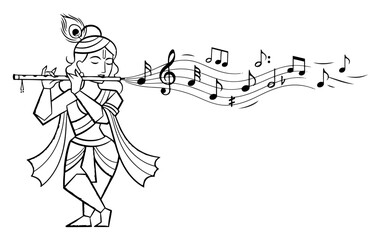 Lord Krishna playing flute with musical melody outline illustration