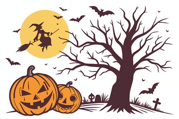 Spooky halloween scene with witch flying past full moon and pumpkins