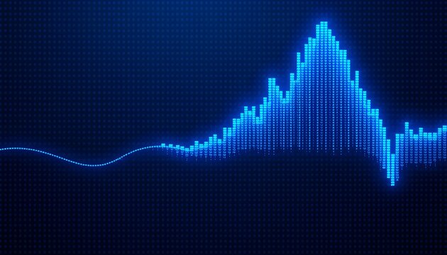 Abstract futuristic background with a glowing blue digital waveform representing data, finance, or audio signal fluctuations on a dark grid.