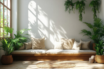 Cozy living room with a vibrant green couch and elegant potted plants.