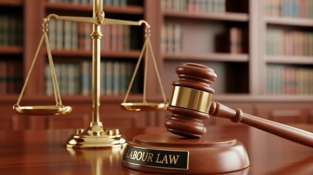 A gavel and scales of justice symbolize labor law in a courtroom or law office setting