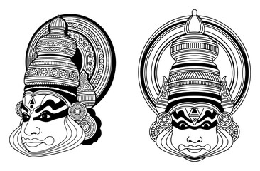 Kathakali dancer mask faces detailed vector illustration set