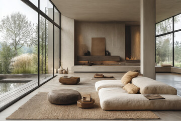 A cat stretching on a sunny couch by a vast window.