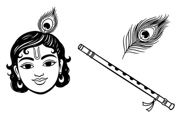 Krishna line art with peacock feather and flute © Anna