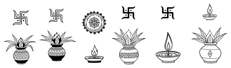 Auspicious hindu symbols for puja with Kalash and Swastika icons collection set