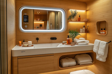 Mirror reflecting a sink in a bathroom.