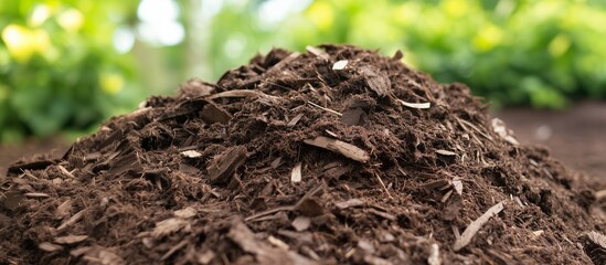 The close -up of a heap of wood chips against the background of a blurry green garden with bright accents, emphasizing natural material and environmental friendliness.