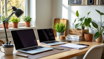 Fototapeta premium Working from home modern desk setup in a bright room with green plants inspirational workspace cozy environment