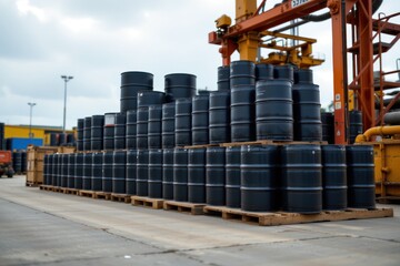 Obraz premium Industrial barrel stacking operation at warehouse storage area photography urban environment elevated perspective