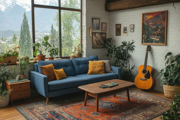 Blue couch and guitar in living room