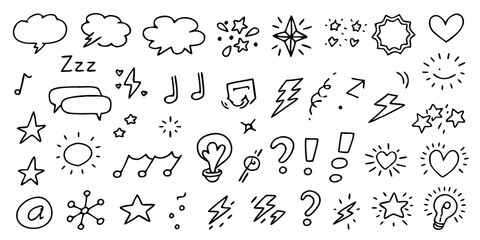 Obraz premium Collection of hand drawn doodle icons and symbols including speech bubbles stars lightning bolts and music notes