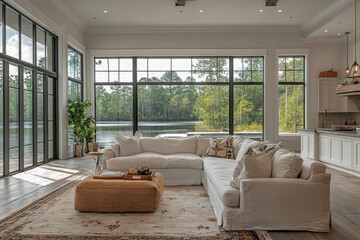 Large couch by a window in a living room.