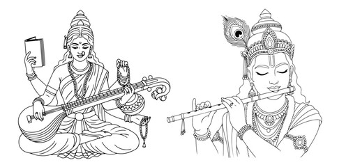 Saraswati and Krishna icon set outline vector