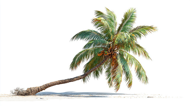 Realistic 3D render of a leaning coconut palm tree, isolated on transparent background