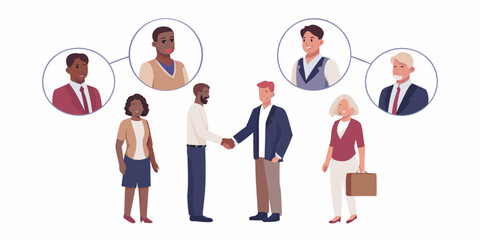 Diverse business professionals collaborating and connecting in a modern office environment with digital representations