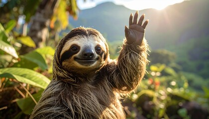 Waving sloth with friendly expression in lush green forest with sunlight filtering through trees.