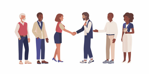 Obraz premium Diverse group of people in business attire shaking hands and standing together in a line