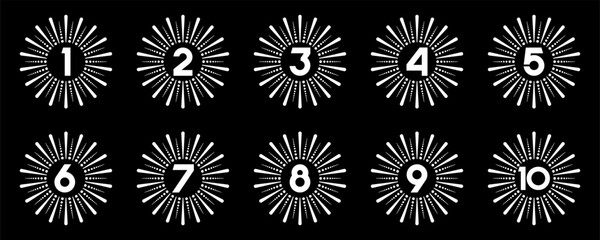 Set of collection numbers 1 to 10 with fireworks element vector illustration. Fireworks  element with numbers 1, 2, 3, 4, 5, 6, 7, 8, 9, 10 for greetings, anniversary and more.
