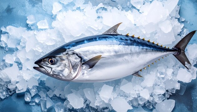 Fresh tuna on crushed ice with metallic blue-silver skin, red stripe, lemon wedge, herbs, and red peppercorns.