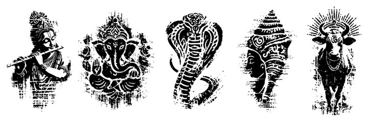 Hindu spiritual symbols Krishna Ganesha and cobra grunge stencil icons