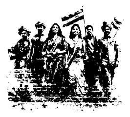 Indian people celebrating with the national flag grunge stencil illustration