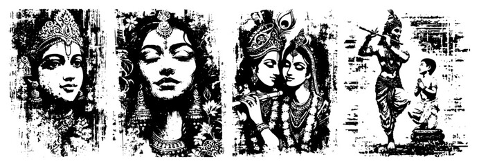 Radha Krishna romantic portrait series and devotional figures depicted in distressed ink splatter stipple grunge tattoo flash vector artwork