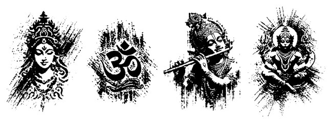 Hindu deities and Om symbol grunge texture illustration set