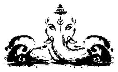 Lord Ganesha emerging from waves ink brush painting style