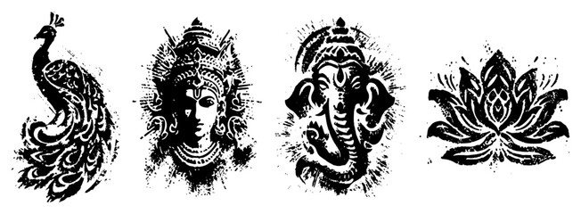 Peacock goddess Ganesha lotus grunge icon set vector