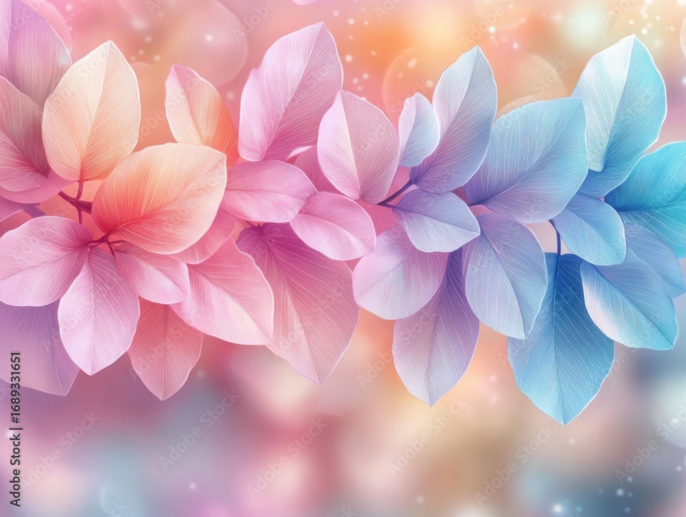 Poster pastel leaves with delicate veins on a gradient, bokeh background. use as design element for greetin