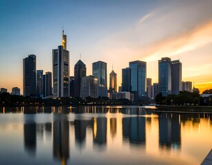 Obraz premium City skyline reflecting on tranquil water at sunrise