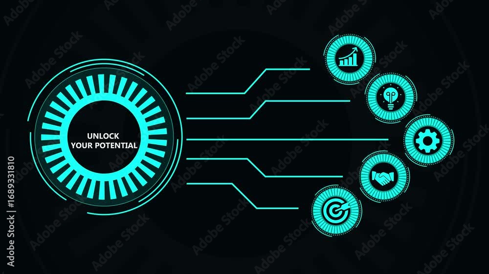 Poster futuristic interface with unlock your potential text on a dark background