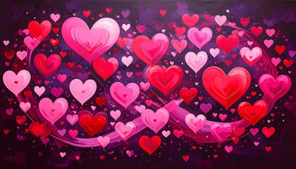 Abstract hearts swirl on dark background