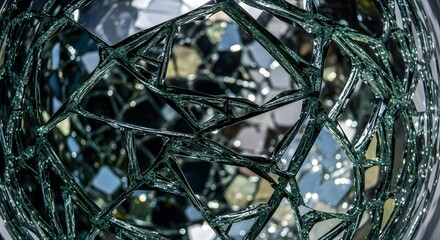 Fototapeta premium Close up view of a spherical object covered in small reflective glass pieces and dark grout lines