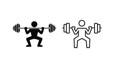 Weightlifting Squat Icon Set Black and White Silhouette, Squat Training Vector Illustration