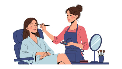 Professional makeup artist applying cosmetics to a client in a salon setting with mirror and brushes