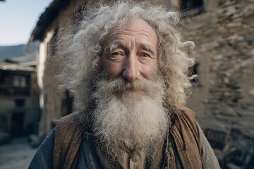Authentic portrait of a wise, kind, and weathered elderly man with a long white beard, capturing the spirit of resilience and wisdom in a rustic, timeless setting evoking heritage and tradition
