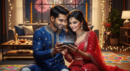 Obraz premium young indian couple holding smartphone together on diwali festival at home