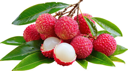 Fresh Lychee Fruits with Leaves on Branch, Whole and Halved, for Culinary, Beverage, or Decorative Uses