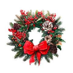 Christmas wreath with pinecones, red berries, fir branches and a big red ribbon bow on white