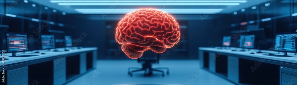 Poster a glowing brain model is showcased in a futuristic lab with computers, signifying advanced technolog