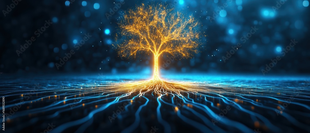 Poster a glowing tree emerges from a blue, illuminated background, with intricate roots extending outward, 