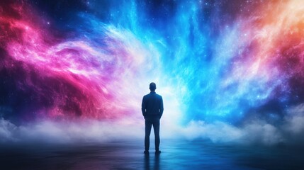 A silhouette of a person stands before a vibrant cosmic backdrop of swirling pink and blue hues, evoking a sense of wonder and exploration.