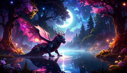 Dragon by a moonlit lake in a vibrant forest