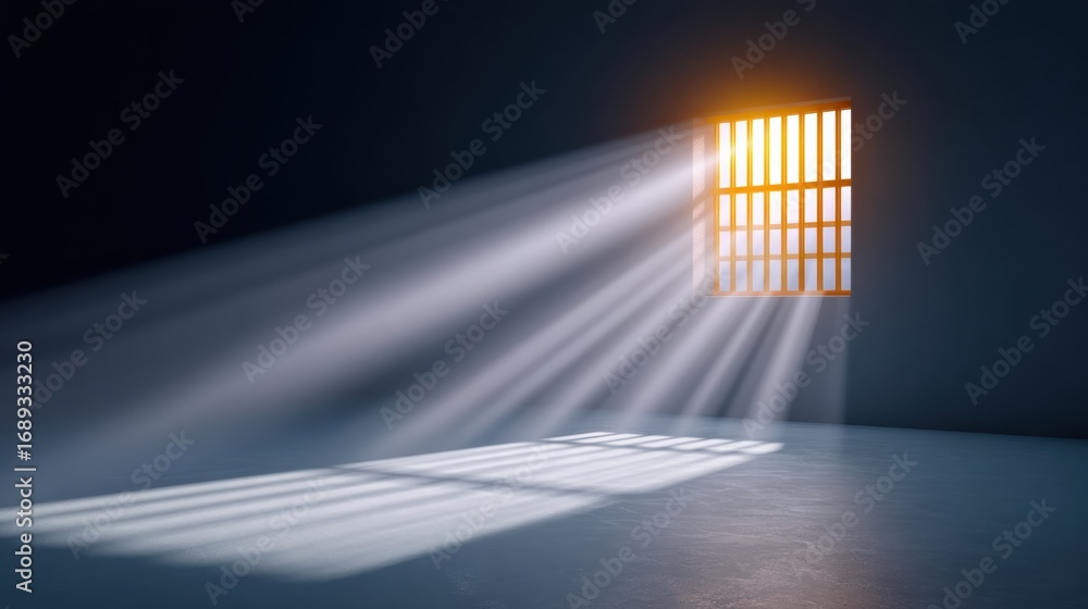 Poster a dimly lit room with a barred window, allowing beams of light to filter through, creating an atmosp