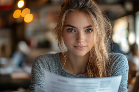 Woman at table holding paper.