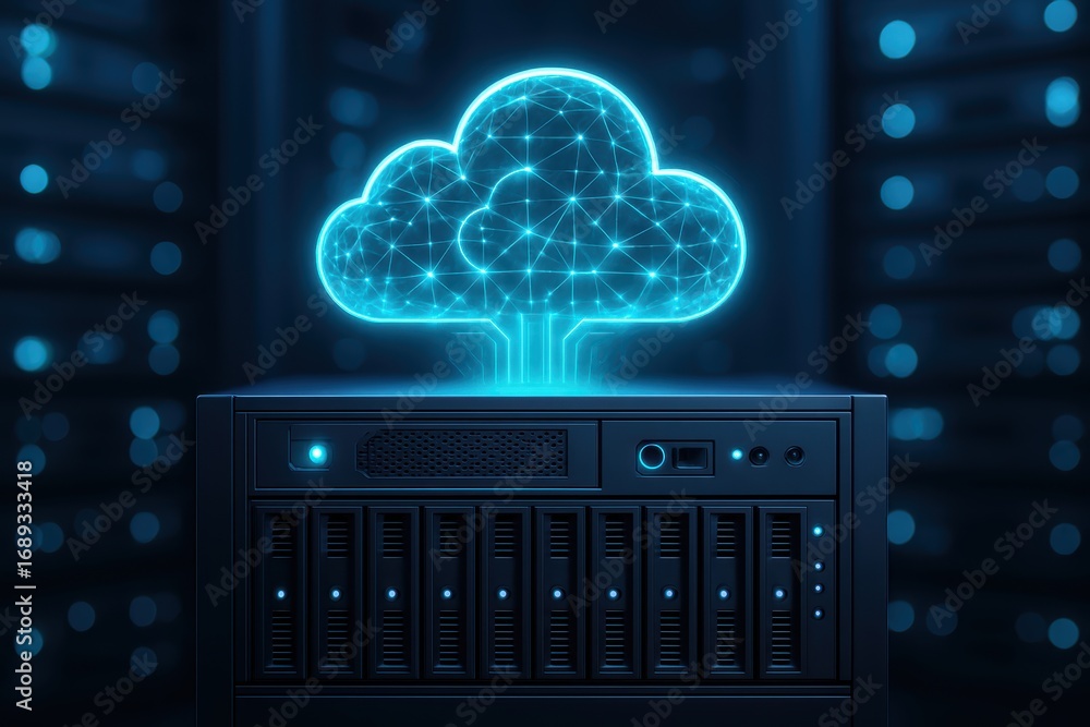 Poster cloud computing server: a server system featuring a glowing cloud icon representing cloud computing,