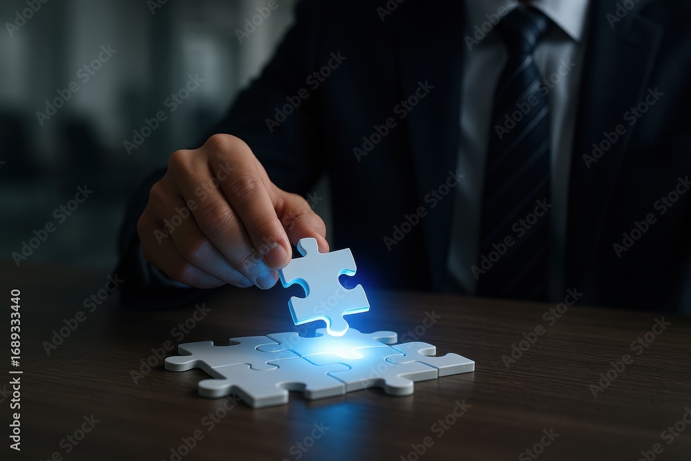 Poster puzzle solution: a close-up shot of a hand in a professional setting, carefully fitting the final pi